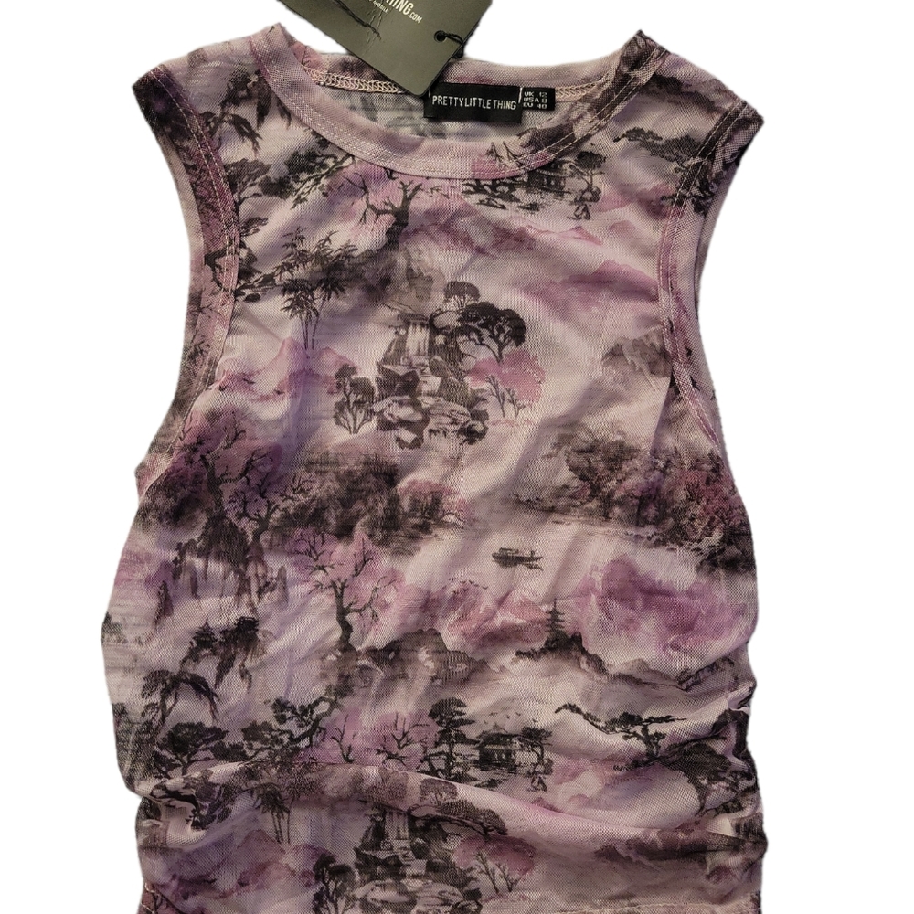 Lilac Oriental Print Mesh Ruched Side Sleeveless Top